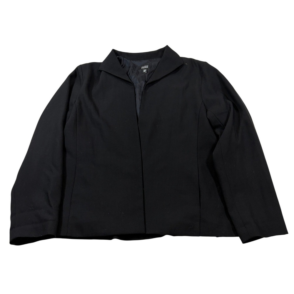 Eileen Fisher Black 100% Italian Wool Open Front Blazer Jacket Womens Large L